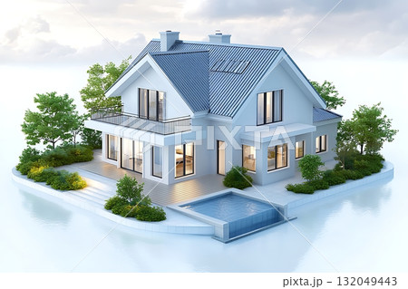 Modern house design with swimming pool and garden on an isolated island setting Modern house design with swimming pool and garden on an isolated island setting 132049443