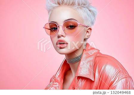 Elegant Young Woman with Stylish Sunglasses and Trendy Fashion on Bright Pink Background Elegant Young Woman with Stylish Sunglasses and Trendy Fashion on Bright Pink Background 132049468