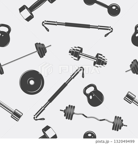 Seamless Gym Equipment Pattern, Vector Illustration. Dumbbell and Barbell Background with Kettlebell, Plates, Straight Bar. Fitness Gear Repeat Tile, Texture for Textile, Wallpaper, Sports Design Seamless Gym Equipment Pattern, Vector Illustration. Dumbbell and Barbell Background with Kettlebell, Plates, Straight Bar. Fitness Gear Repeat Tile, Texture for Textile, Wallpaper, Sports Design 132049499