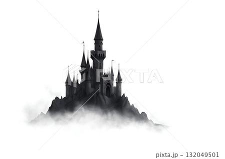 Dark and Mysterious Castle Silhouette Above Foggy Ground on Isolated Background 132049501