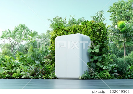 Modern Eco-Friendly Fridge Surrounded by Lush Greenery in a Serene Natural Environment 132049502