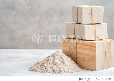 Fresh Raw Blocks of Natural Ingredients on White Table with Spilled Powdered Material 132049526