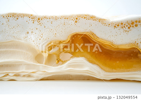 Translucent Layers of Foam and Amber Liquid on a White Background for Beverage Advertising 132049554