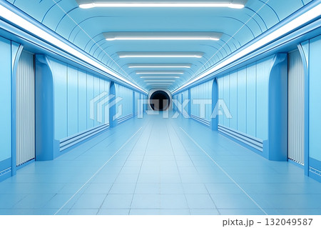 Futuristic tunnel corridor with bright blue lighting and sleek architectural design Futuristic tunnel corridor with bright blue lighting and sleek architectural design 132049587