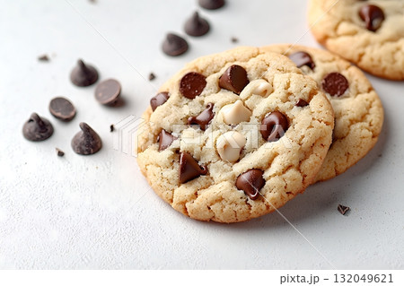 Deliciously Soft Cookies with Mix of Chocolate Chips and White Chocolate on a Gray Background 132049621