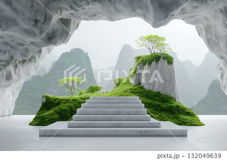 Serene Mountain Cave with Lush Greenery and Majestic Steps in Tranquil Setting 132049639