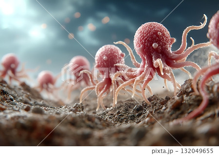Tiny vibrant octopuses on a textured surface under dramatic stormy sky, surreal underwater art 132049655