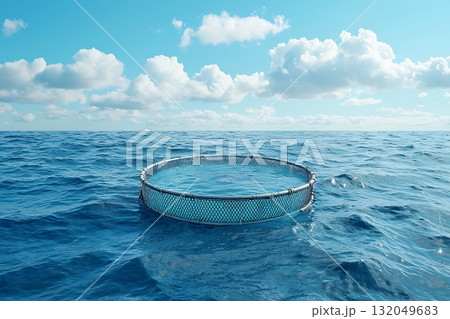 Floating Fish Farm Net Cage in Clear Blue Ocean Under Bright Sunny Skies with Clouds 132049683