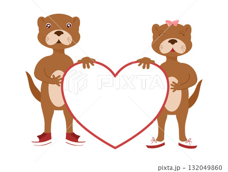 Cute Cartoon Otter Couple Holding a Blank Heart Sign 132049860