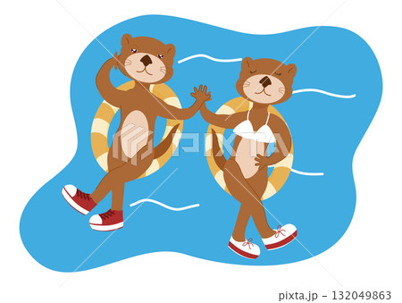 Cute Cartoon Couple Floating on Water with Swim Rings Cute Cartoon Couple Floating on Water with Swim Rings 132049863