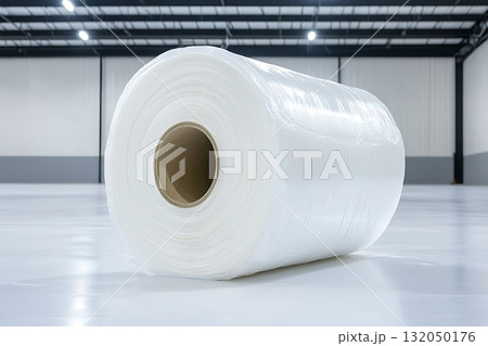 Large Roll of Transparent Plastic Film in an Industrial Warehouse Setting 132050176