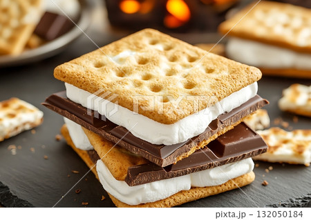 Deliciously Crafted S'mores with Toasted Marshmallows and Rich Chocolate Layers 132050184