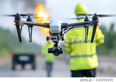 Drone Monitoring Industrial Site with Flames and Workers in Safety Gear During Operations Drone Monitoring Industrial Site with Flames and Workers in Safety Gear During Operations 132050191