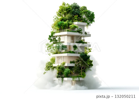 Modern building design with vertical garden and lush greenery in a futuristic urban setting 132050211