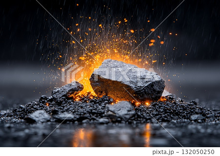 Glowing Lava Rock Erupting with Sparks and Light in Dark Background Glowing Lava Rock Erupting with Sparks and Light in Dark Background 132050250