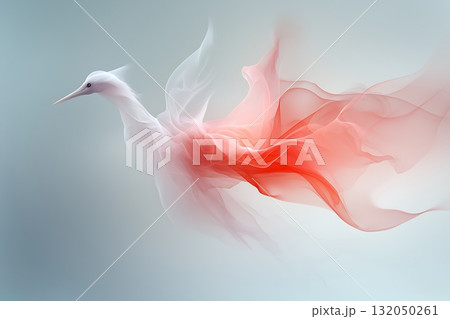 Ethereal Bird in Flowing Fabric with Soft Hues of White and Red Enhancing Dynamic Movement 132050261