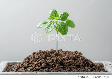 Green Plant Seedling Growing in Fertile Soil with Soft Natural Lighting on a Plain Background 132050300