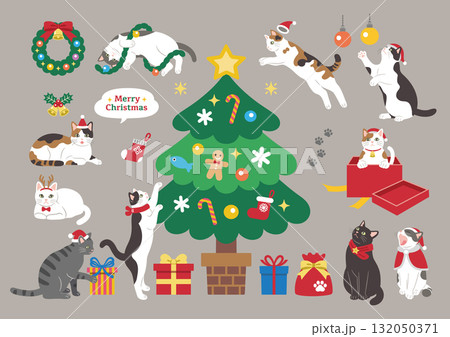 クリスマスを楽しむかわいい猫のイラスト 132050371