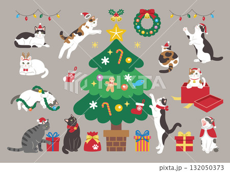 クリスマスを楽しむかわいい猫のイラスト 132050373