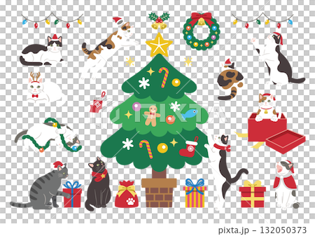 Illustration of a cute cat enjoying Christmas 132050373