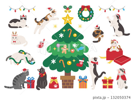 クリスマスを楽しむかわいい猫のイラスト クリスマスを楽しむかわいい猫のイラスト 132050374