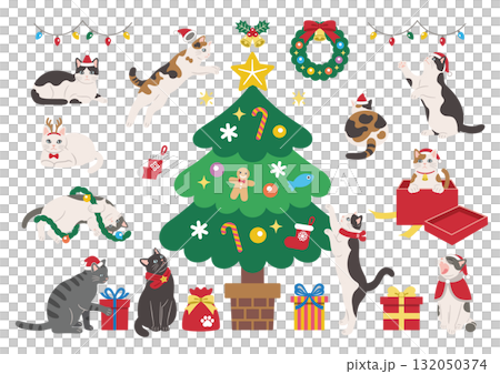 Illustration of a cute cat enjoying Christmas 132050374