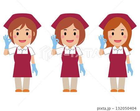 OKサインを出し、笑顔の真紅のエプロンの女性清掃員 132050404