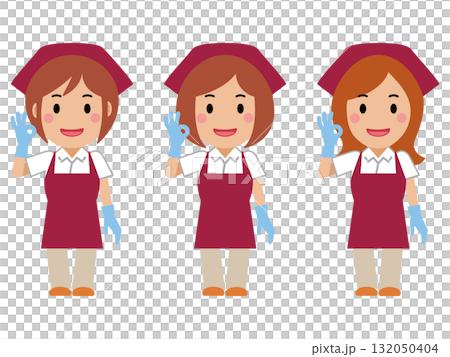 OKサインを出し、笑顔の真紅のエプロンの女性清掃員 132050404