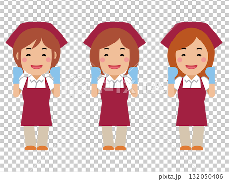 我會盡力的。一位身穿深紅色圍裙的女清潔工微笑著 我會盡力的。一位身穿深紅色圍裙的女清潔工微笑著 132050406