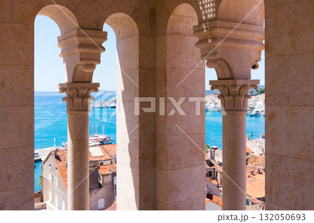 Split, Croatia, enjoying view of Adriatic Sea through arches 132050693