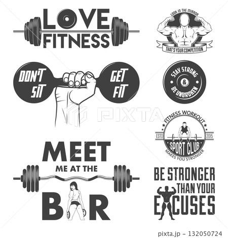 Fitness Typography Badge Set, Vector Illustration. Gym Quotes and Barbell Emblems, Fitness Slogans with Hand Holding Dumbbell, Retro Stamps, Fitness Labels 132050724