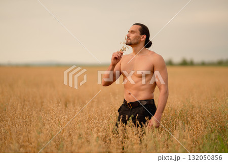 Farmer examines wheat and oats in a golden field during late afternoon 132050856