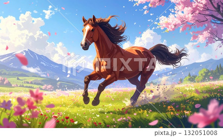 馬が桜が咲く草原を走る　AI生成素材 132051008