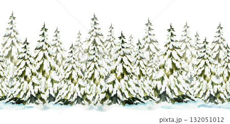Spruce tree snow covered seamless border. Snowy winter Christmas fir forest. Hand drawn watercolor illustration isolated pattern from background. Clipart for holiday fabric, Xmas wallpaper, packaging. Spruce tree snow covered seamless border. Snowy winter Christmas fir forest. Hand drawn watercolor illustration isolated pattern from background. Clipart for holiday fabric, Xmas wallpaper, packaging. 132051012