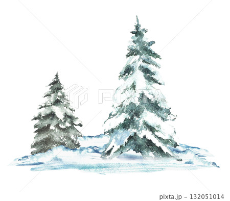 Winter Landscape with Christmas tree covered in snow. Snowy Hills, snowdrifts and frosty evergreen firs forest. Hand drawn watercolor illustration isolated from background. Clipart for holiday card.  132051014