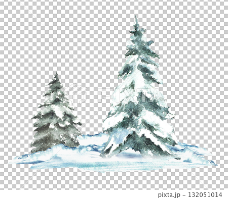 Winter Landscape with Christmas tree covered in snow. Snowy Hills, snowdrifts and frosty evergreen firs forest. Hand drawn watercolor illustration isolated from background. Clipart for holiday card.  132051014