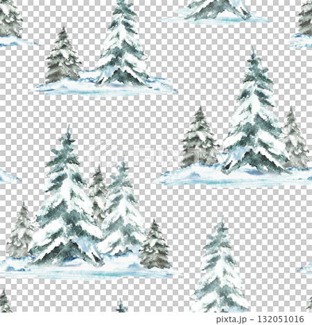 Winter Landscape with snow covered green spruces firs seamless pattern. Snowy Christmas trees, snowdrifts and frosty evergreen forest. Hand drawn watercolor illustration isolated from the background. 132051016