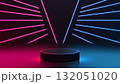 futuristic technology background with neon pink and blue lighting, black cylindrical podium on reflective surface, sci fi concept for product showcase, presentation, digital design, modern innovation 132051020