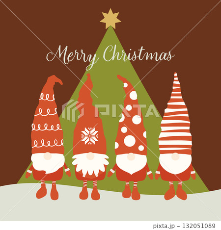 北欧のサンタの妖精トムテとデフォルメしたクリスマスツリーのあるベクターイラスト 132051089