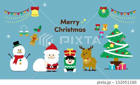 かわいいクリスマスイラストセット（サンタ・トナカイ・プレゼント・ツリー・雪だるま）文字あり背景あり 132051180
