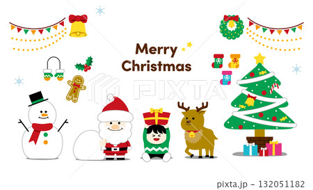 かわいいクリスマスイラストセット（サンタ・トナカイ・プレゼント・ツリー・雪だるま）文字あり背景なし 132051182