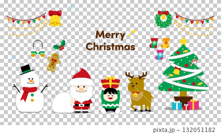 かわいいクリスマスイラストセット（サンタ・トナカイ・プレゼント・ツリー・雪だるま）文字あり背景なし 132051182