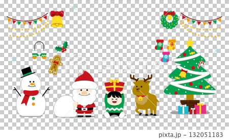 可愛的聖誕插圖集（聖誕老人、馴鹿、禮物、樹、雪人）無文字、無背景 132051183