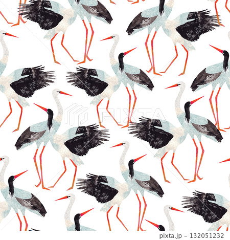 Seamless watercolor pattern of romantic stork couples. Hand-painted bird motif for wedding decor, fabric, wrapping paper, and nursery design with a natural and elegant touch. 132051232