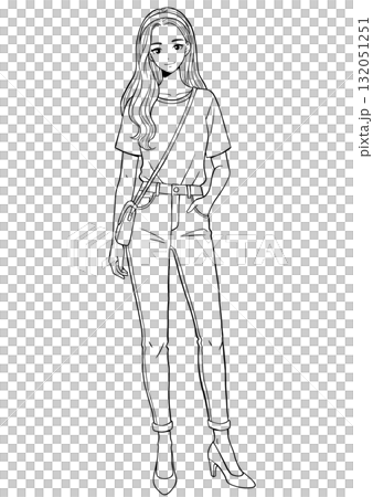 休閒時尚女性的線條畫 休閒時尚女性的線條畫 132051251