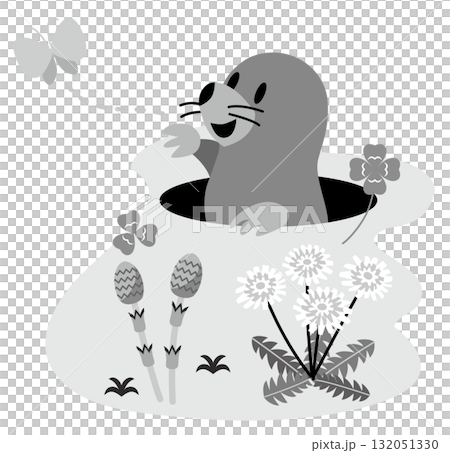 Cute mole and spring flowers monochrome 132051330