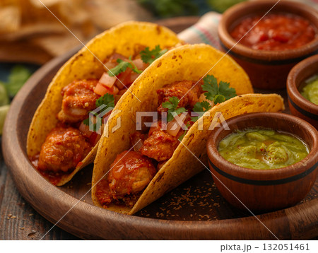 Close-up of traditional Mexican chicken tacos with fresh salsa and guacamole. Delicious crunchy corn tacos served on a rustic wooden plate for an authentic meal. 132051461