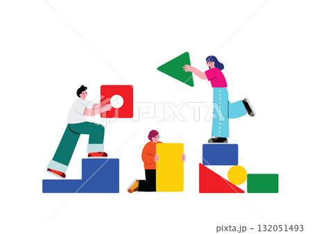 チームで協力して積み上げる男女 132051493
