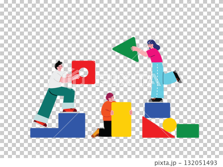 チームで協力して積み上げる男女 132051493