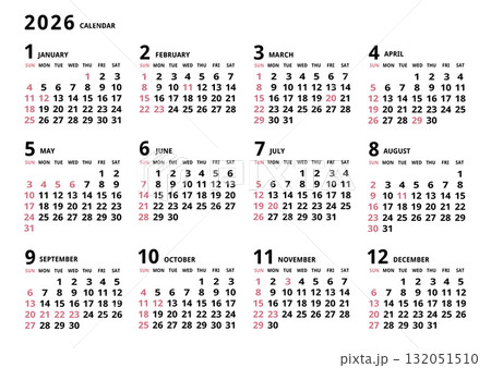 2026年_年間カレンダー_シンプル ヨコ型 132051510